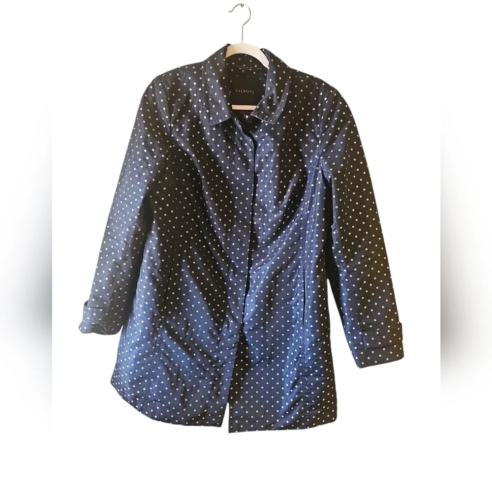 Talbots sz 12 trench jacket navy with silver polka dots - Picture 2 of 6
